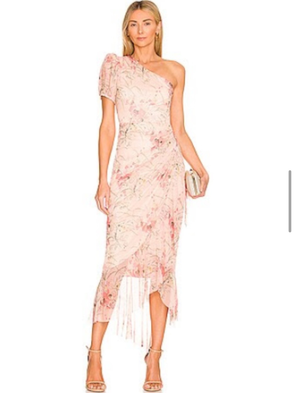 BCBGMaxAzria Blush Floral One-Shoulder Midi Dress